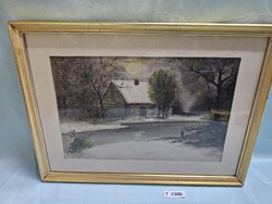 T2306 Falusi ház olajfestmény 38x28 cm