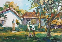 Festmény (02/10) - BÁNFI : SZENTENDRE MŰVÉSZTELEP  (olaj, karton, 50x35  cm)
