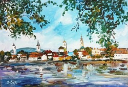 Festmény (02/04) - BÁNFI : SZENTENDRE A DUNA FELŐL (olaj, karton, 50x35  cm)
