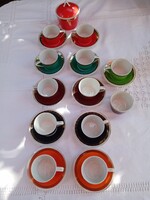 Art deco hollóházi porcelán kávés készlet : 12 csésze , 11 csészealj és cukortartó tetővel