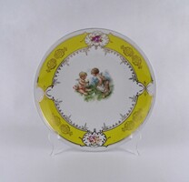 1V826 Antik nagyméretű jelzetlen angyalos, aranyozott porcelán tál, asztalközép 30.5 cm