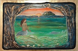 Prima díjas művésztől Hajnali látomás. Zománckép laparannyal 120x80cm. Károlyfi Zsófia (1952-)