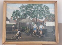 Beke I jelzéssel falusi életkép festmény 107x85 cm kerettel