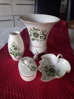 Hollóházi porcelán szett – Erika minta – 4 db-os vintage váza, bonbonier, tál