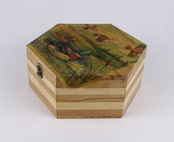 1W053 Hatszögletű, vadkacsás fadoboz, ékszeresdoboz 7.5 x 18.5 cm