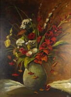 1W043 Régi, jelzett olaj vászon virágcsendélet 80 x 60 cm