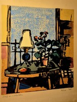 Gera Éva(1923-1996): Virág az ablakban. Színes linó, papír, jelzett, 24×20 cm Üvegezett keretben