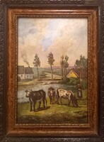 Nádler Róbert (1858.  – 1938) :  Vidéki táj tehenekkel. 28x21 cm-es olajkép. Cées számla is kérhető