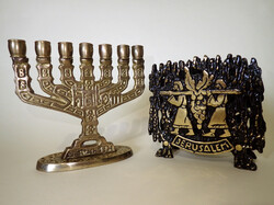 Vintage antik réz menóra hétágú judaika zsidó gyertyatartó + áttört mintás Jerusalem szalvétatartó