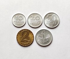 Verdefényes 10-20-50 Fillér + 1 - 2 Forint 1987.(I.) (Forgalmi sorból).