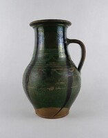 1W059 Antik nagyméretű zöld népi cserép korsó 27 cm