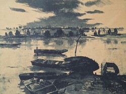 BALATONI ÖBÖLBEN - Csurgói Máté Lajos alkotása (rézkarc, szignózott) csónakok, horgászok