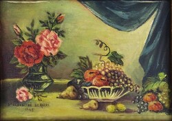 1W036 Dr Székácsné Sz. Rózsi: Asztali gyümölcs csendélet - kisméretű olaj festmény 17 x 13 cm