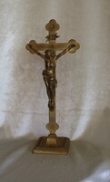 Antik asztali réz kereszt, feszület réz talpon-33 cm