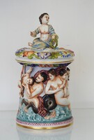 NAPLES CAPODIMONTE PORCELÁN BONBONIER DÍSZES TETŐVEL - 19. sz. ELEJÉRŐL, JELZETT, HIBÁTLAN, EREDETI!