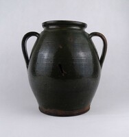 1W056 Régi nagyméretű, zöld népi cserép korsó 24 cm