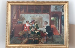 Külföldi többalakos életkép  festmény 105x80 cm kerettel