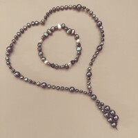 Szép állapotú valódi gyöngy naklánc nyakék fém szálra fűzve hozzá illő karkötővel