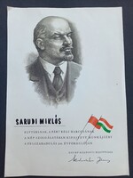 MSZMP 20 éves párttagság emlék oklevél Lenin arcképével, Kádár János nyomtatott aláírásával