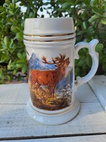 Hollóházi porcelán_vadászjelenetes söröskorsó