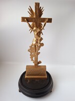 Faragott aranyozott fa asztali kereszt, feszület, korpusz,  38 cm