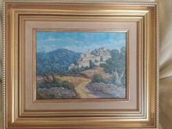 Mediterrán táj olaj, vászon festmény szép keretben, hibátlan 39 x 33 cm