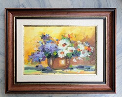 Czinege Zsolt: Virágcsendélet, szép keretben! olajfestmény - Czinege Galéria, színes virágok vázában