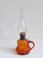 Antik régi füles sétáló hordozható asztali virrasztó petróleum lámpa borostyán üveg tartály 30,5 cm