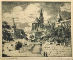 Bajor Ágost (1892-1958): A Halászbástya. Rézkarc, papír, jelzett, üvegezett korabeli kerettel