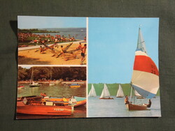 Képeslap,Balaton,mozaik,strand,kikötő,vitorlás hajó,motorcsónak látkép,részlet,1978-