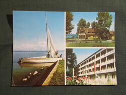 Képeslap,Balaton,mozaik,Balatonlelle,üdülő,szálló,móló,vitorlás hajó látkép részlet,1985-
