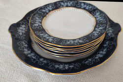 Zsolnay Pompadúr II. kézzel festett porcelán 7 db-os süteményes készlet tálalóval