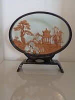 Üvegbe zárt gólyák japán miniatűr fafaragás lakkfa keretállványon 20 X 21 cm