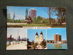 Képeslap,Balaton,mozaik,Balatonalmádi,Balatonfüred,Tihany,templom,szálló látkép részlet,1985-