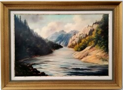 Bihari Puhl Levente: Hegyi folyó, a kép mérete 40x60 cm keretezve 55x75 cm