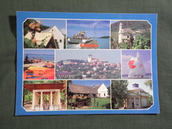 Képeslap,Balaton,mozaik,Badacsonytomaj,Tihany,Balatonfüred,strand,csárda,vitorlás hajó,1995-