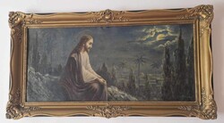 Vallási témájú olajkép. 80x50 XX. században faragott blondel keretben.
