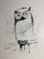 Kertész N László - Bagoly - tusrajz - a kép A4-es méret, a kép maga 17x13 cm
