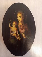 Gyönyörű, fából készült,XX.szàzadi ovális ikon,amelyen Mária látható a gyermek Jézussal