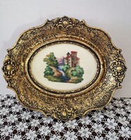 Gyönyörű blondel ovális fakeretben selyemszálas mikro gobelin   31 cm x 27 cm