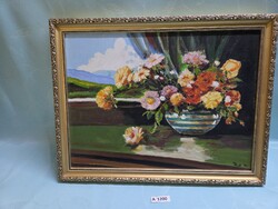A1200 Papp József Pajó Rózsák az ablakban olaj fa 30x40 cm