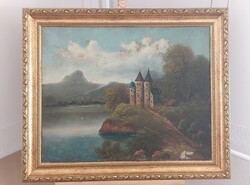 Szignózott vár vízparton festmény 81x68 cm kerettel