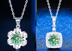 2 DB Moissanite Gyémántköves Nyaklánc 1 és 2 Karátos Zöld Medál 925 Tiszta Ezüst +Ajándékdoboz Új!