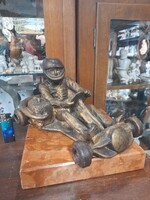 Ritka Retro Tömör Bronz Gokart 1.Díj,1960-as Évek,Márvány Talapzaton Figurális Szobor.29 cm.