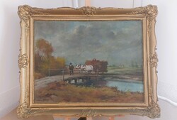 Kőrösy Balogh falusi életkép festmény 99x76 cm kerettel