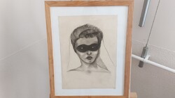 Szép grafika álarcos nő 43x53 cm kerettel