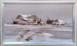 Fejér Csaba (1936-2002) : Téli tanya, 45x80 cm.