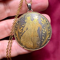 24 karát aranyozott Damascene medál, vintage damaszkén nyaklánc, Toledói spanyol ékszer, nyakék