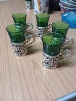 5 régi, retró zöld üveg és ezüst műanyag fogantyúk likőr kordiális poharak