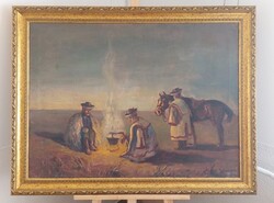 Szignózott pusztai életkép festmény tábortűzzel 106x81 cm kerettel